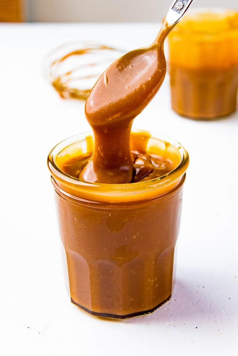 Homemade Salted Caramel sauce stored in a glass jar