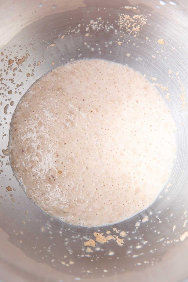 Activated yeast in a mixing bowl