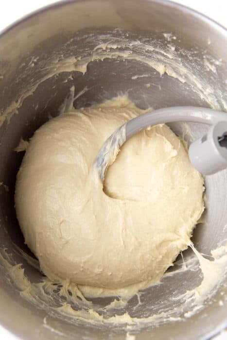 The milk bread dough after kneading well. The dough is smooth and doesn't stick to the sides anymore.