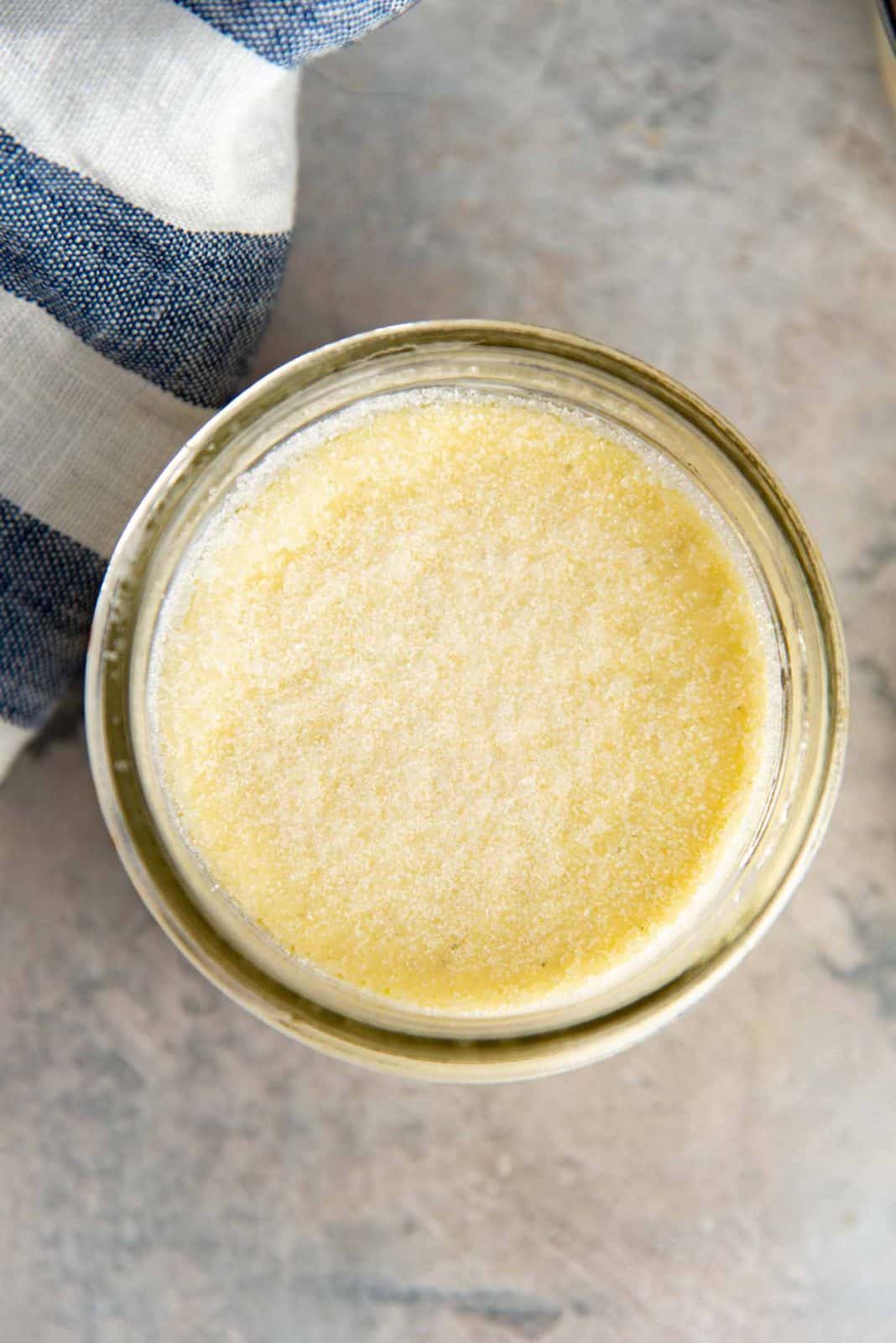 An overhead view of the sous vide creme brulee with sugar sprinkled on top.