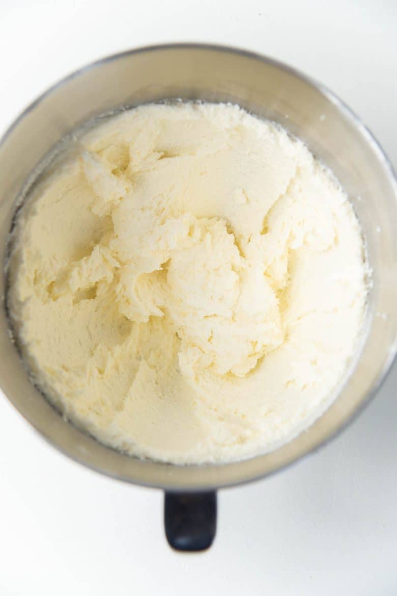 Creamed butter and sugar for the white cake