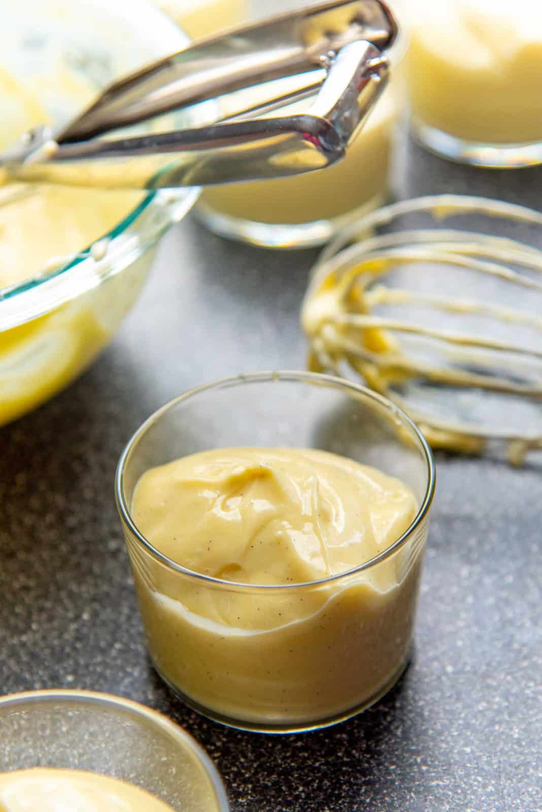 The pudding served into individual dishes