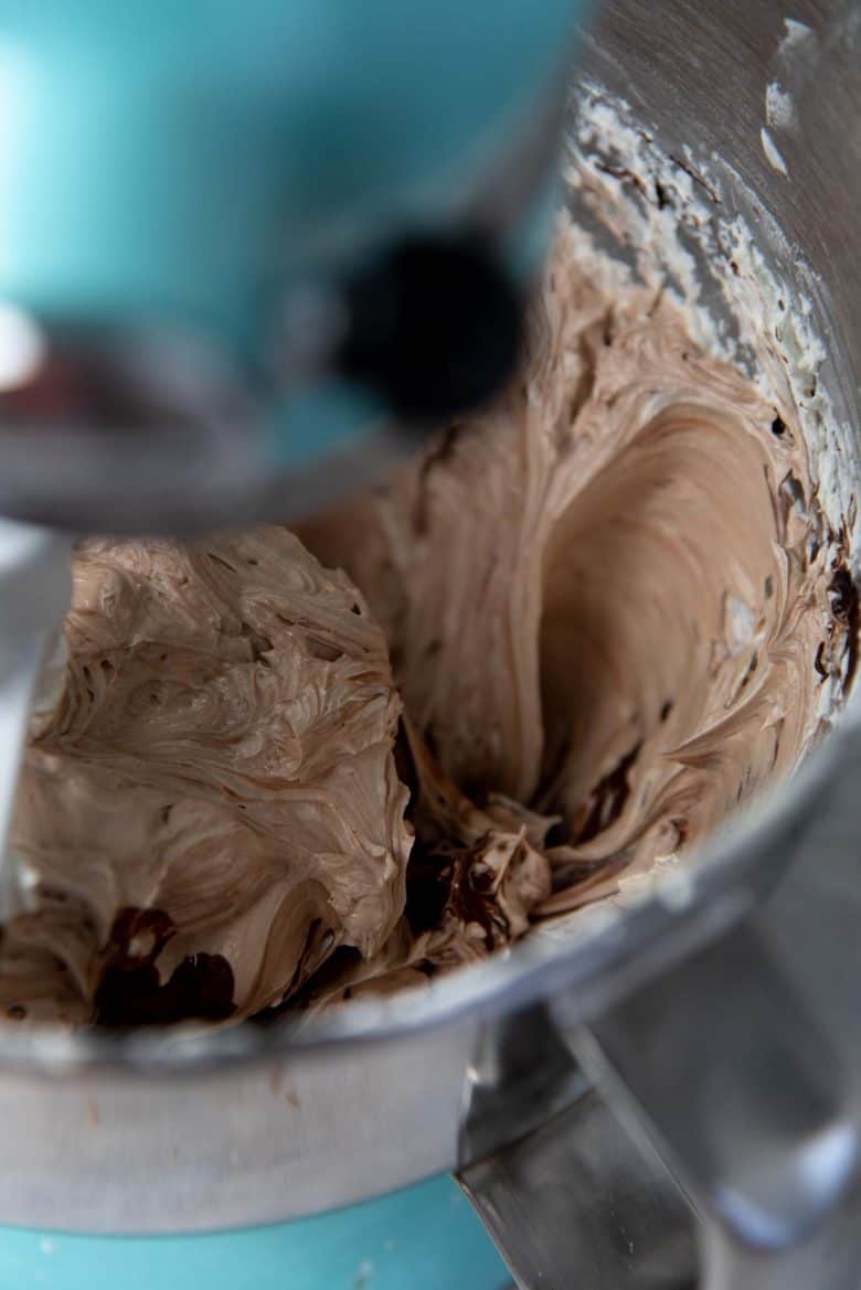 Chocolate swiss meringue buttercream, with the chocolate mixing through the buttercream