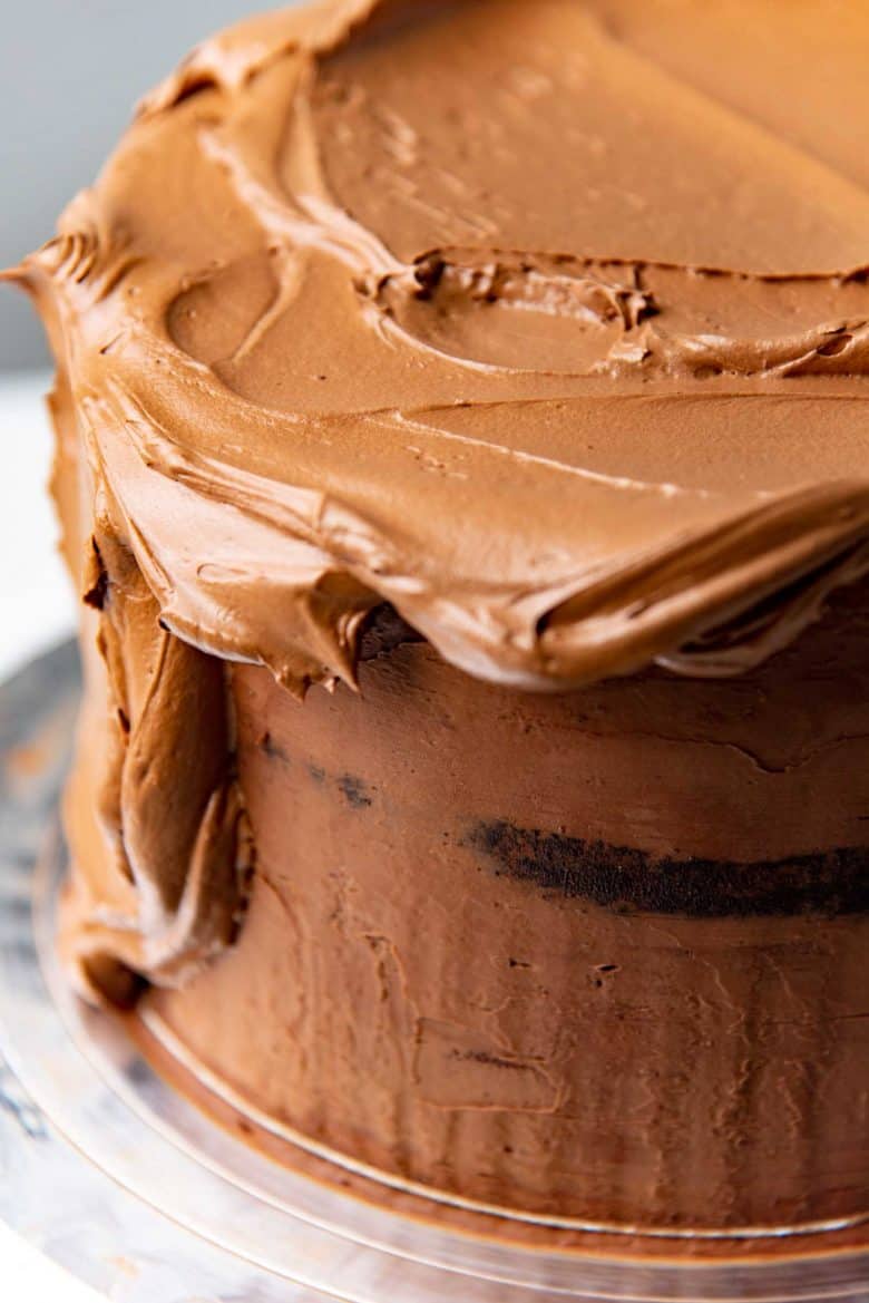 Chocolate swiss meringue buttercream used to frost a cake