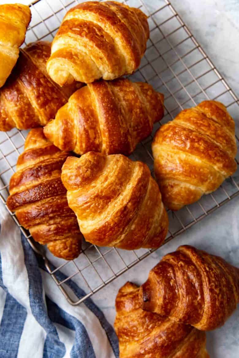 An overhead view of croissants to make croissant bread pudding