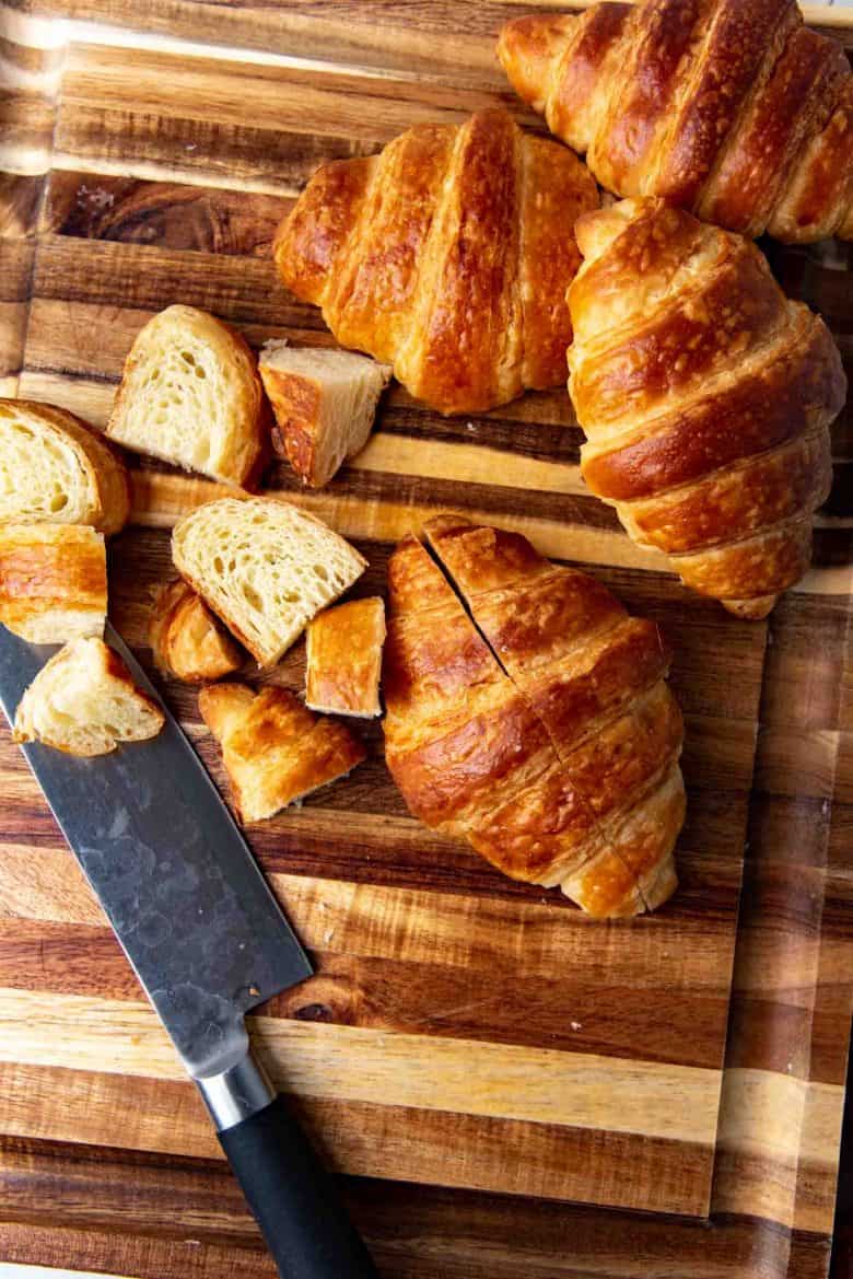 Croissants cut into cubes to make bread pudding