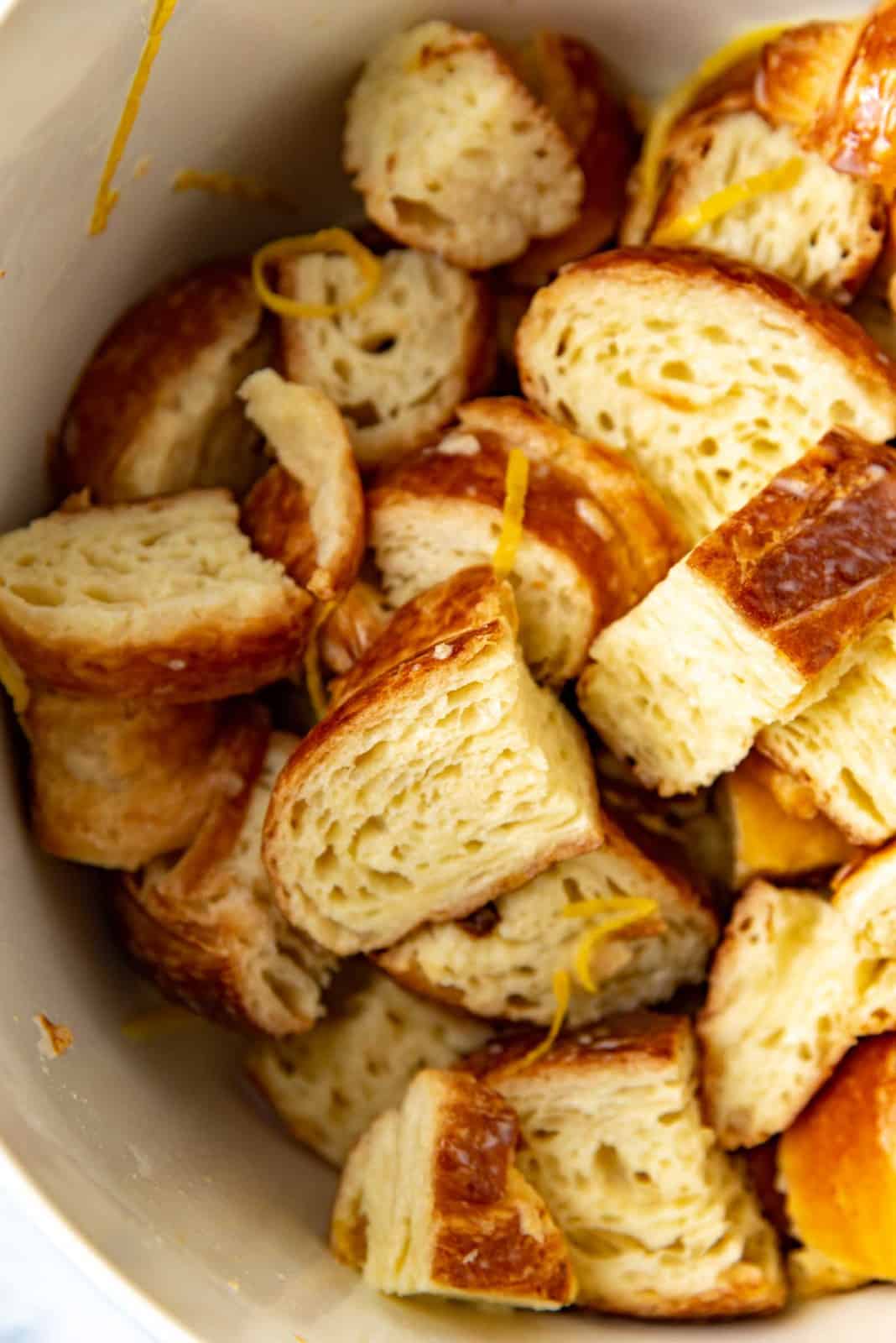 The croissant pieces tossed with the custard base