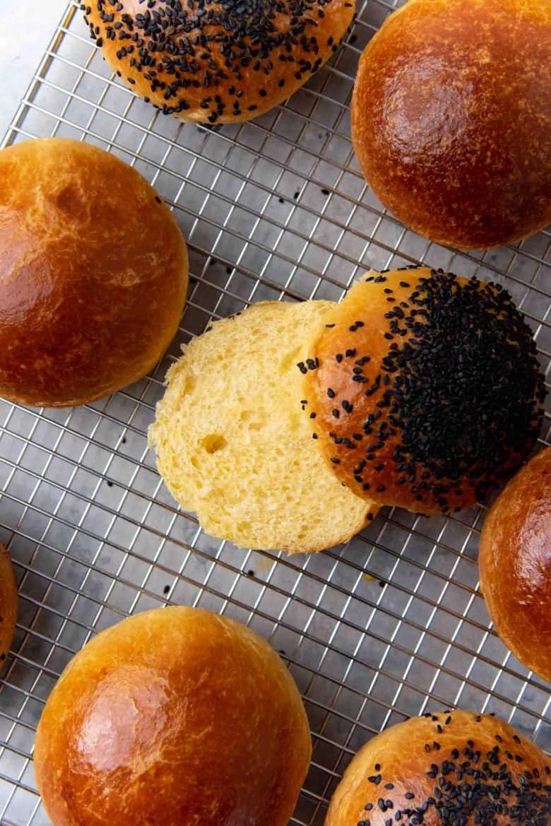 The rich, yellow crumb inside the buns