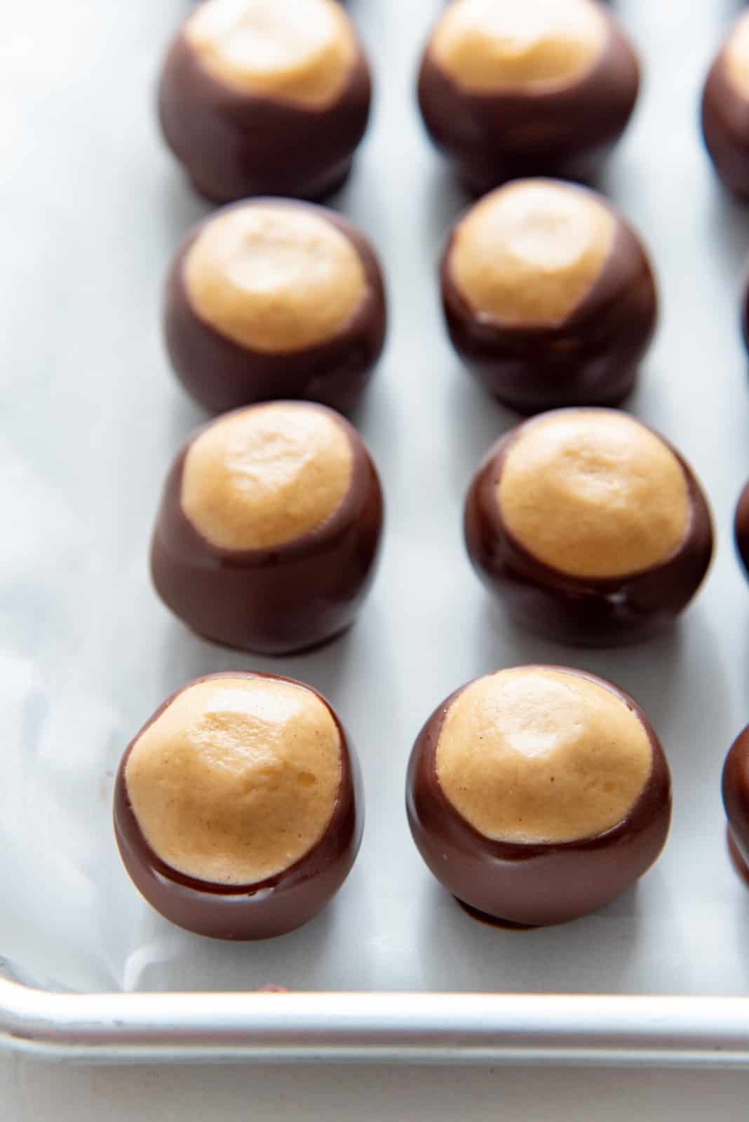 An overhead view of the buckeye candy, after smoothing out the hole