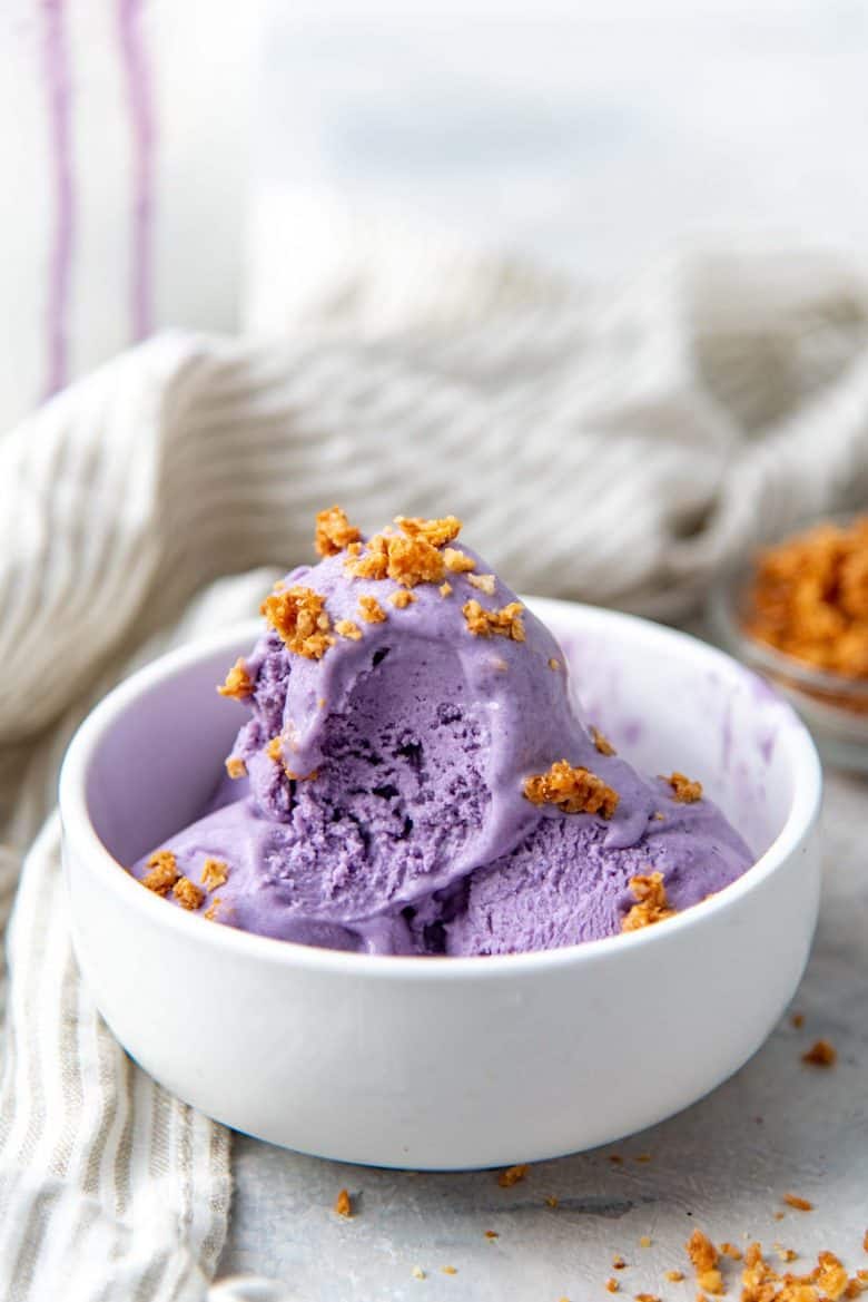 An image showing the creamy texture of the ube ice cream, after being spooned