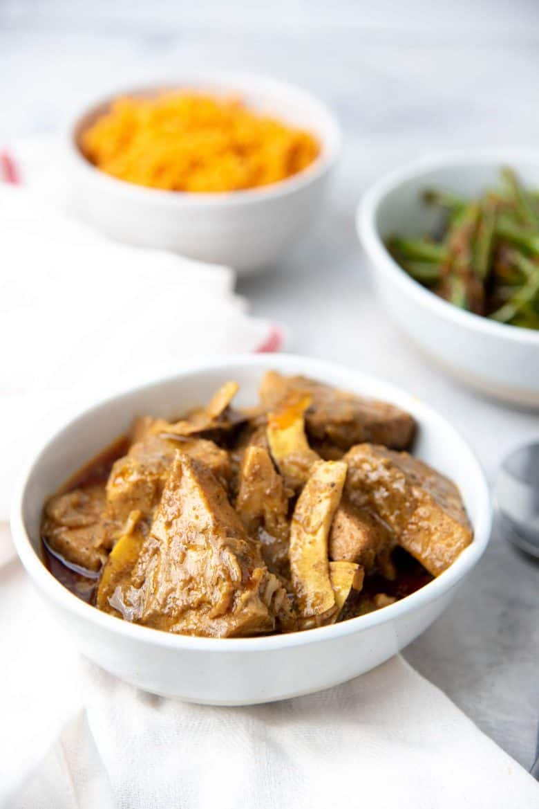Cooked Sri Lankan Jackfruit Curry served in a white bowl