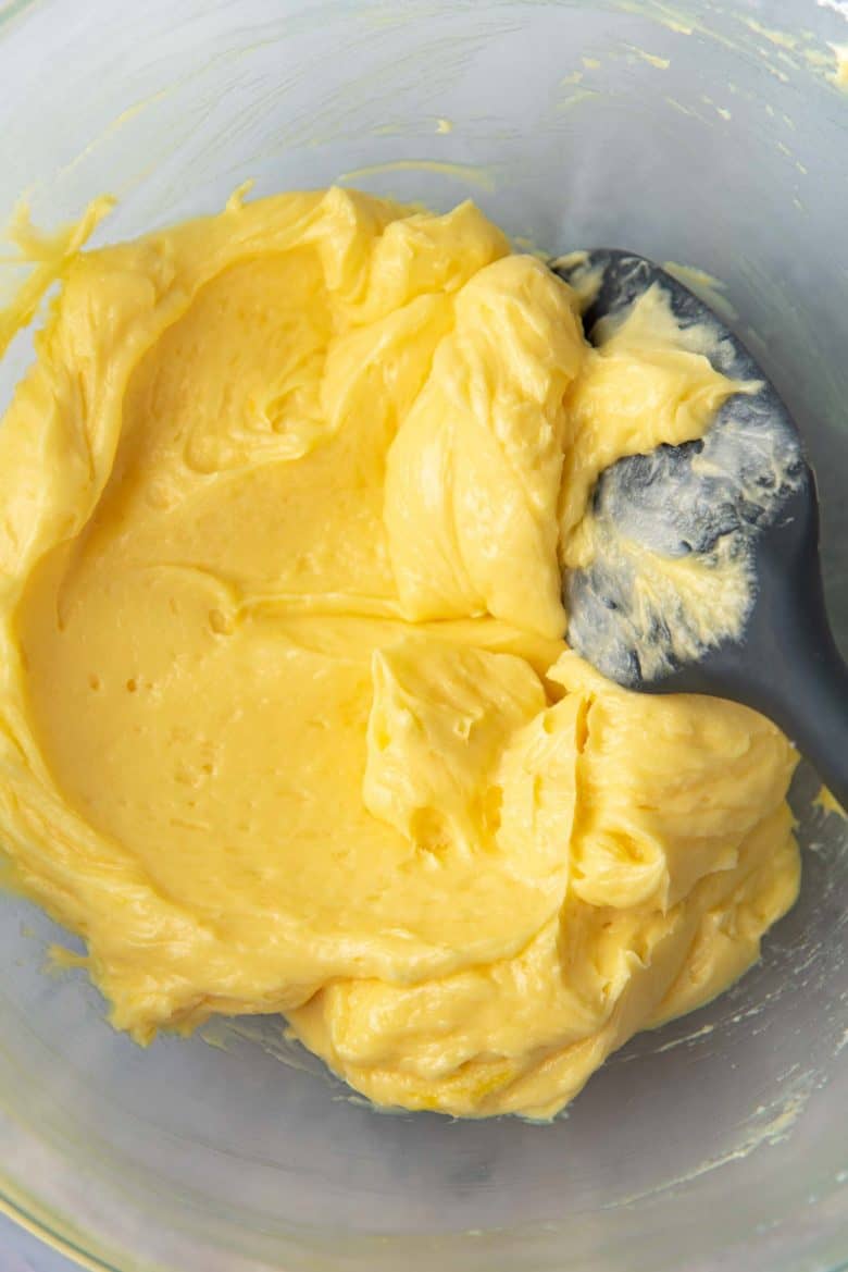 Butter sugar and egg yolk mixture in a bowl