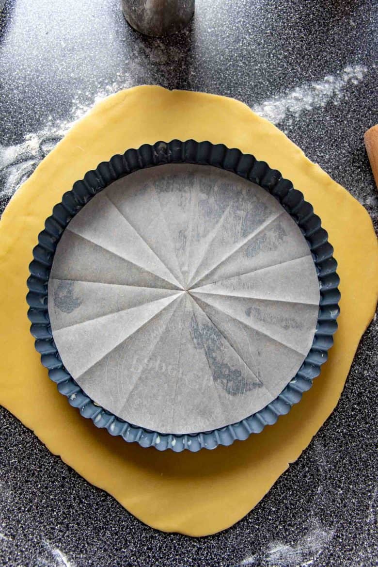Placing tart mold over rolled dough to check for sizing