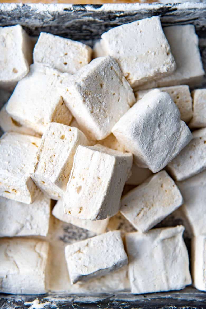 Cut up marshmallows lightly dusted with marshmallow dust