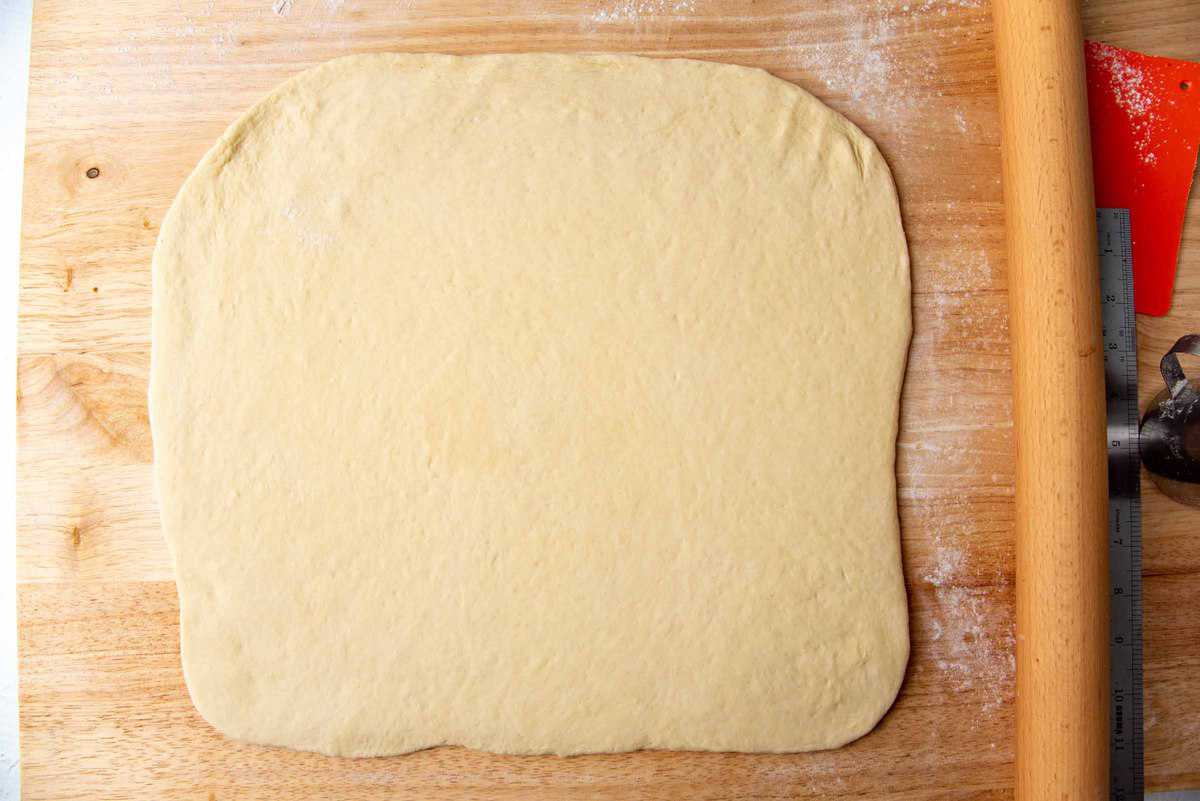 Japanese milk bread dough rolled out into a square