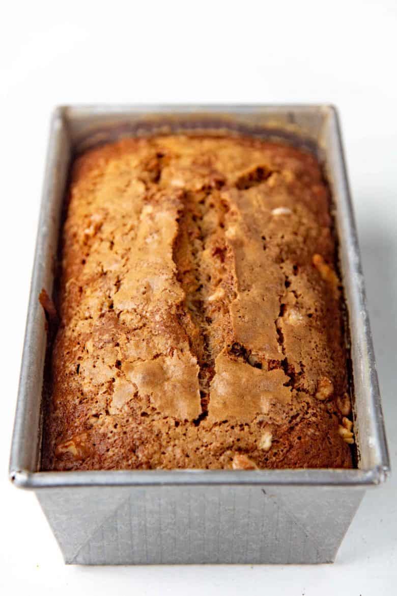 Freshly baked banana bread from the oven in the loaf pan