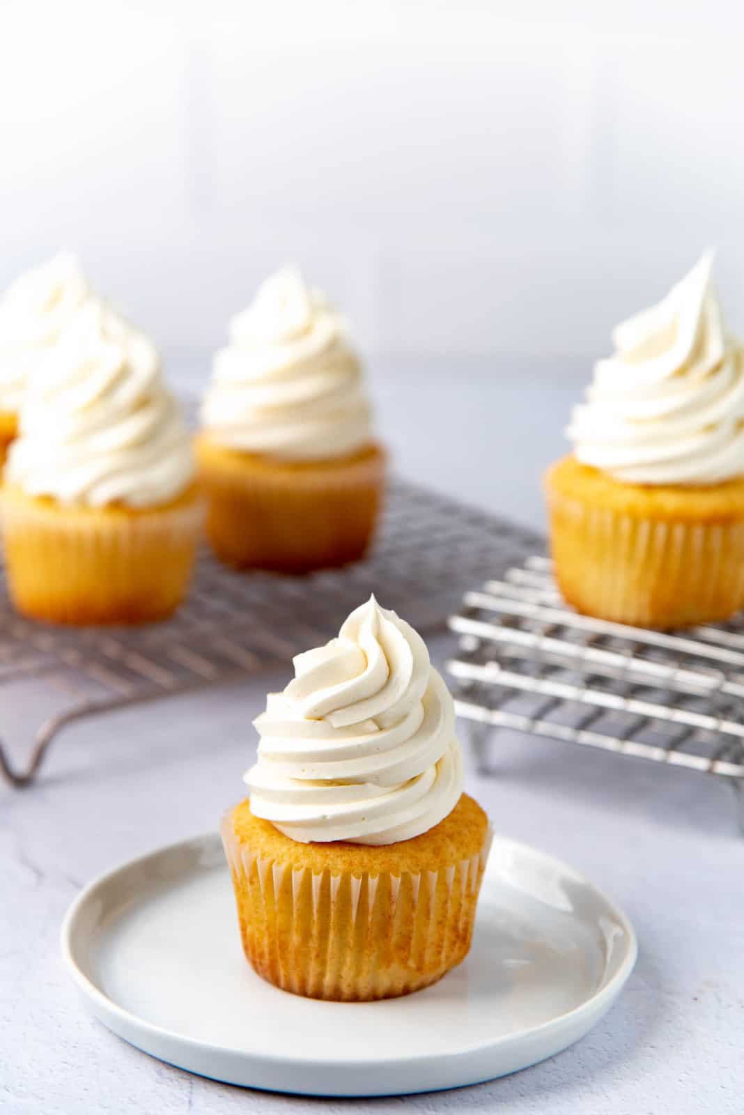 Vanilla cupcakes topped with vanilla swiss meringue buttercream