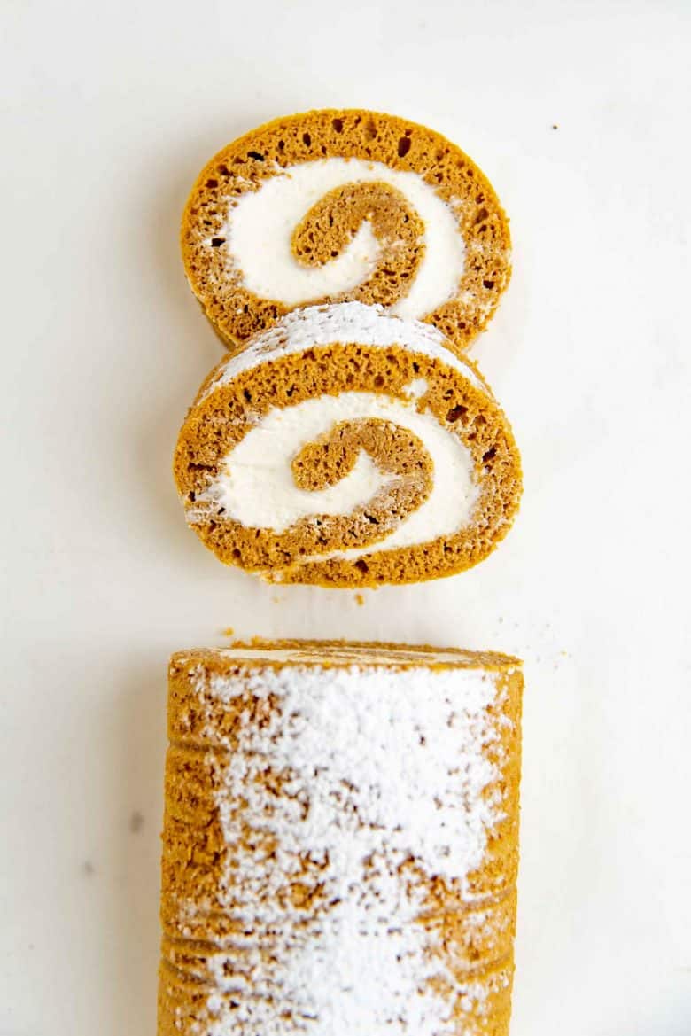 Overhead view of the sliced pumpkin roll