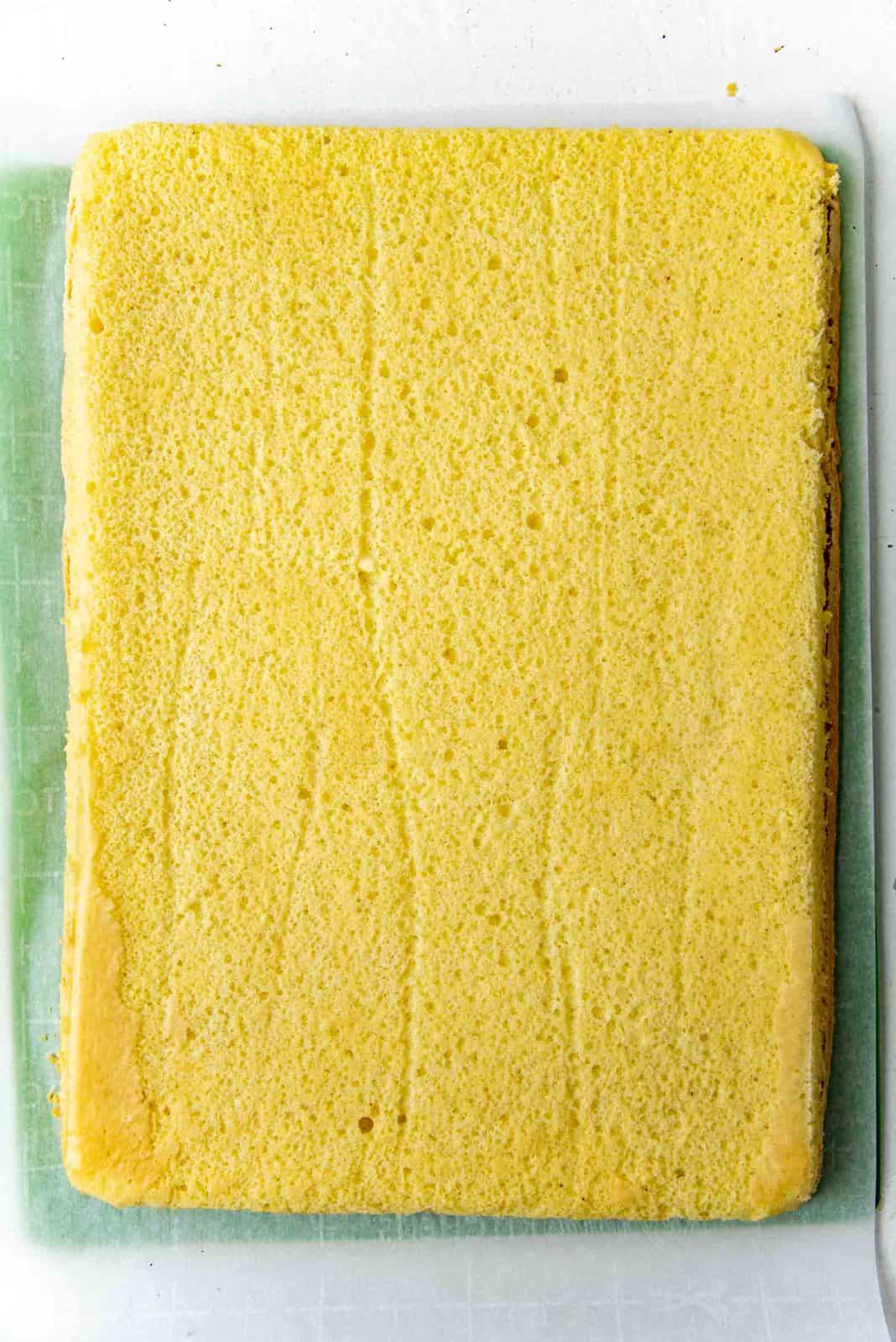 The underside of the swiss roll cake, which is the presentation side