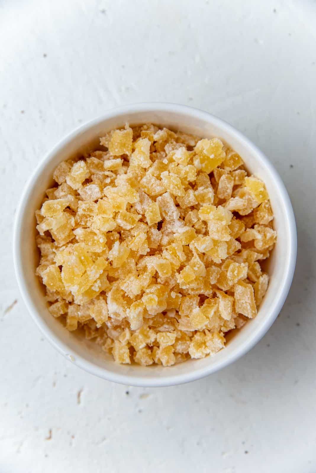 Chopped candied ginger in a bowl