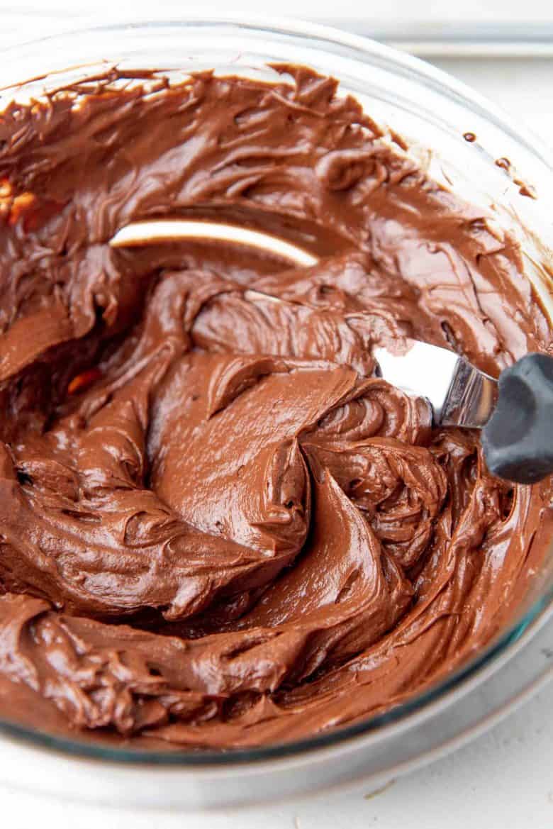 Whipped chocolate ganache in a bowl