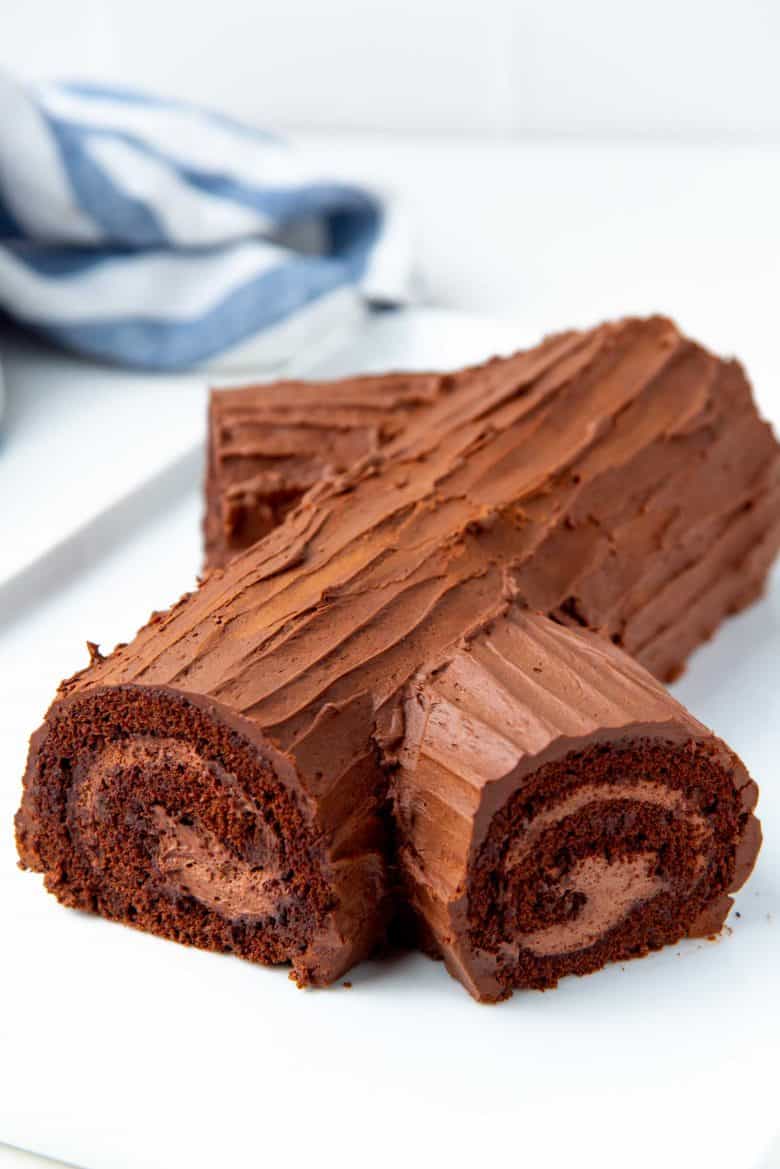 Chocolate yule log cake, with textured ganache to look like a tree bark