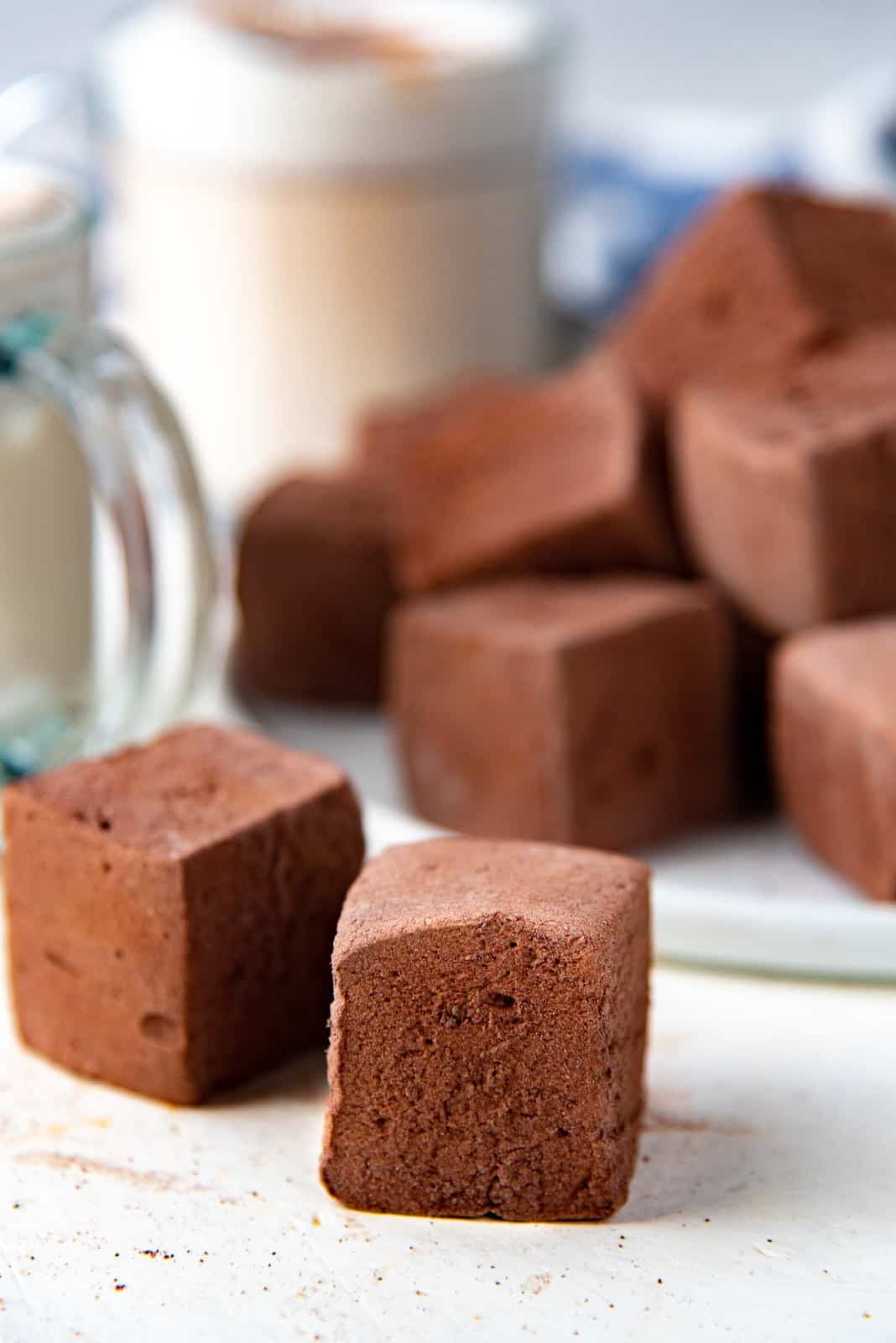 A close up of a single marshmallow with more in the background, to show the texture