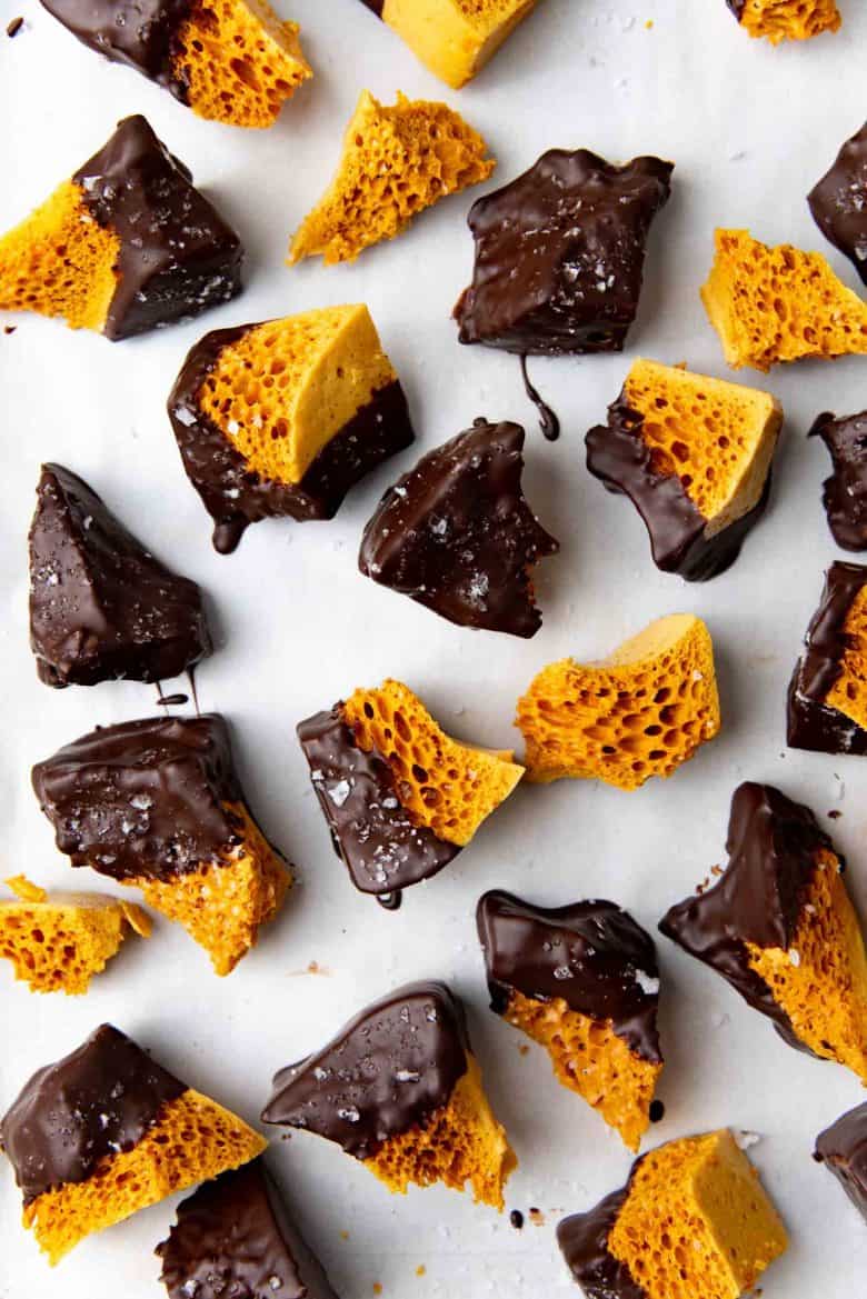 An overhead view of the chocolate dipped honeycomb toffee with sea salt