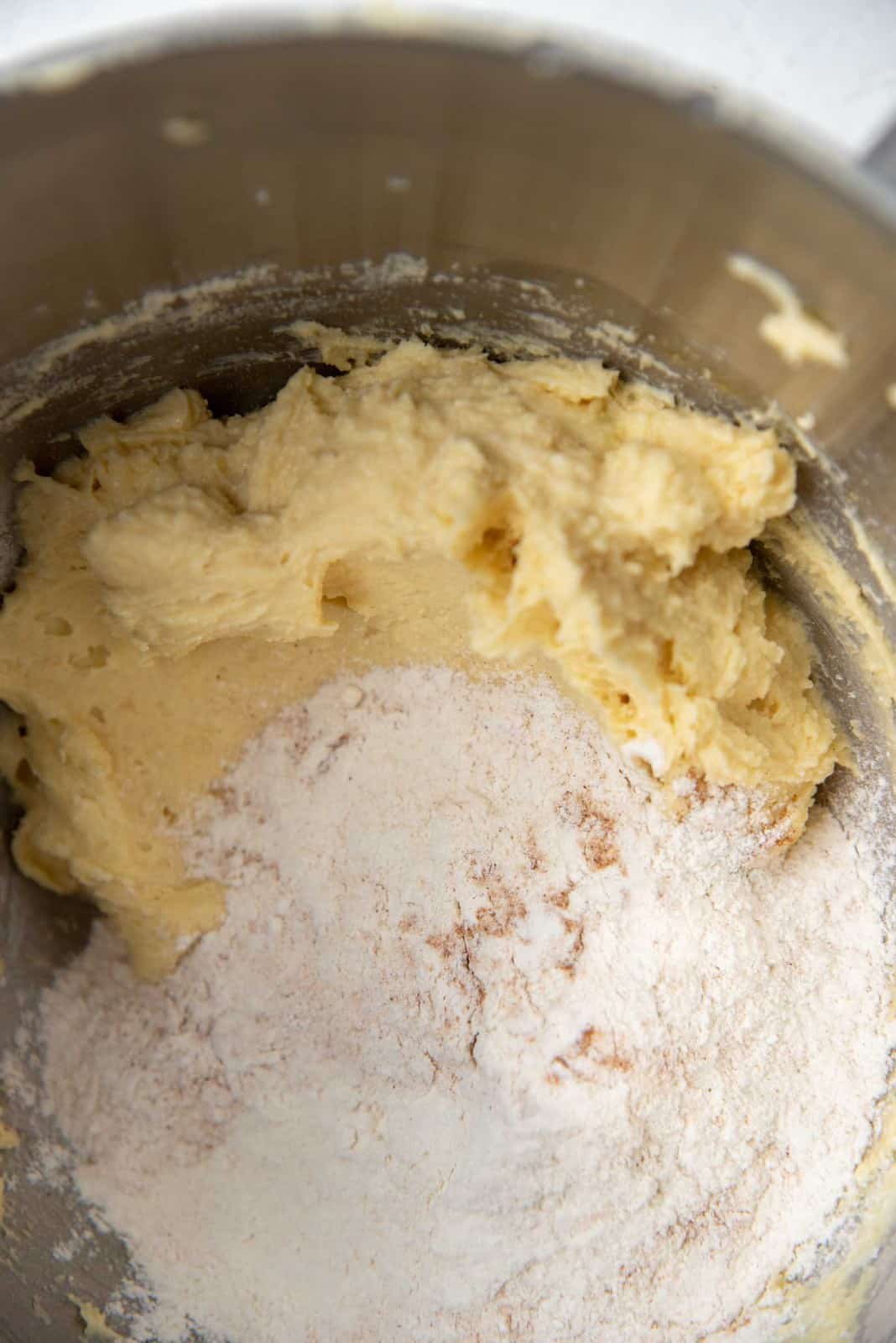Flour and other dry ingredients added to the wet ingredients.