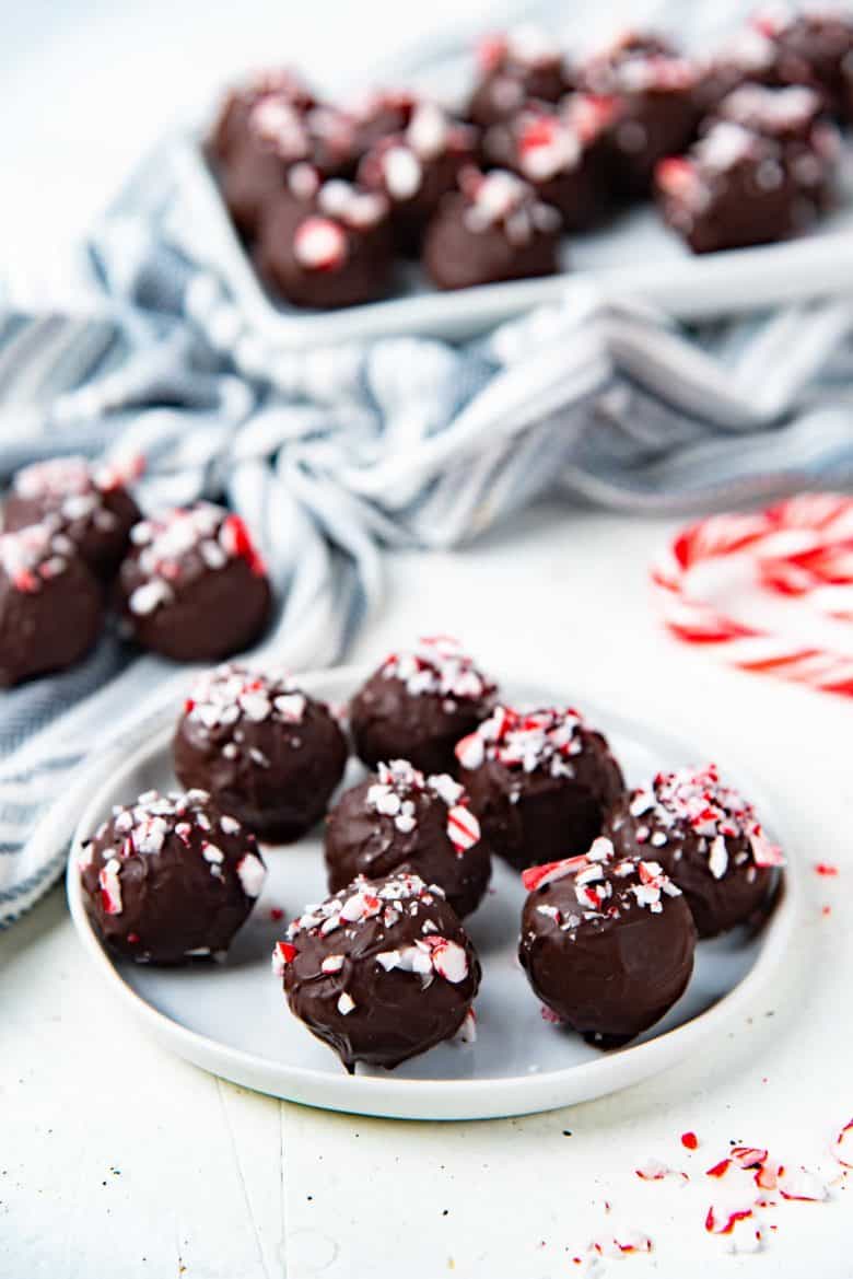Peppermint chocolate truffles on a small white plate
