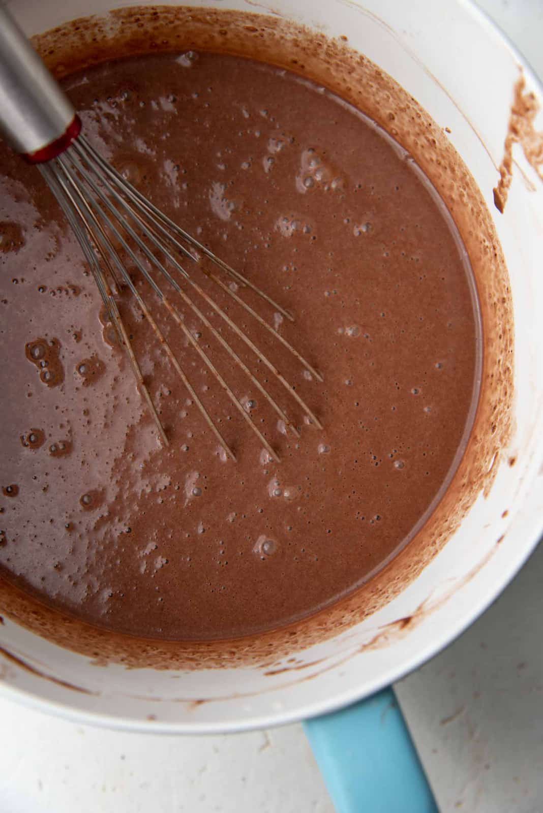 The cocoa crepe batter in a bowl