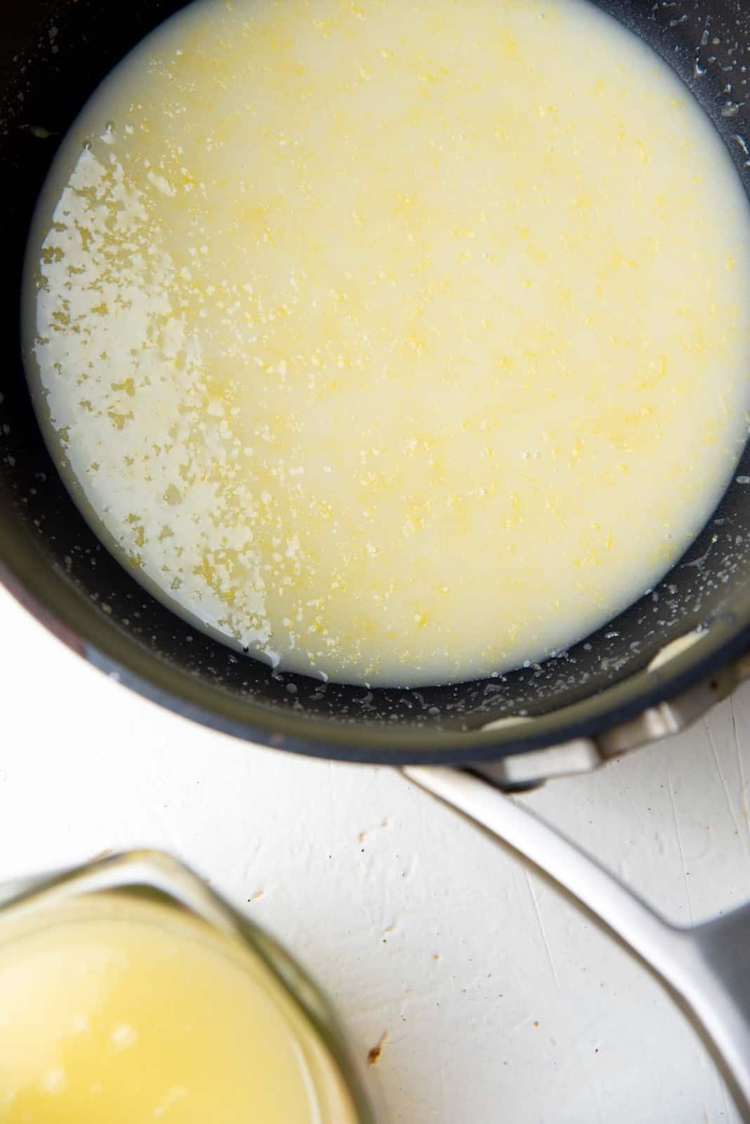 Cornstarch lemon juice mixture in a saucepan.