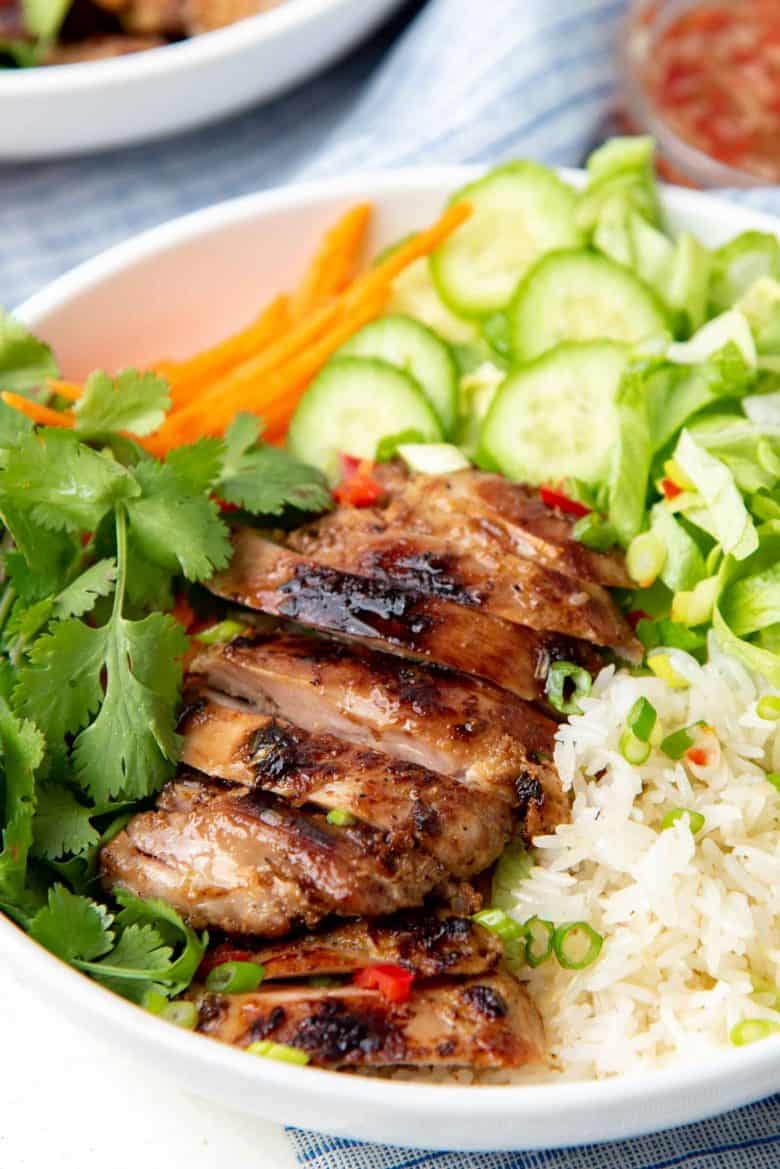 A closeup of sliced chicken marinated with lemongrass