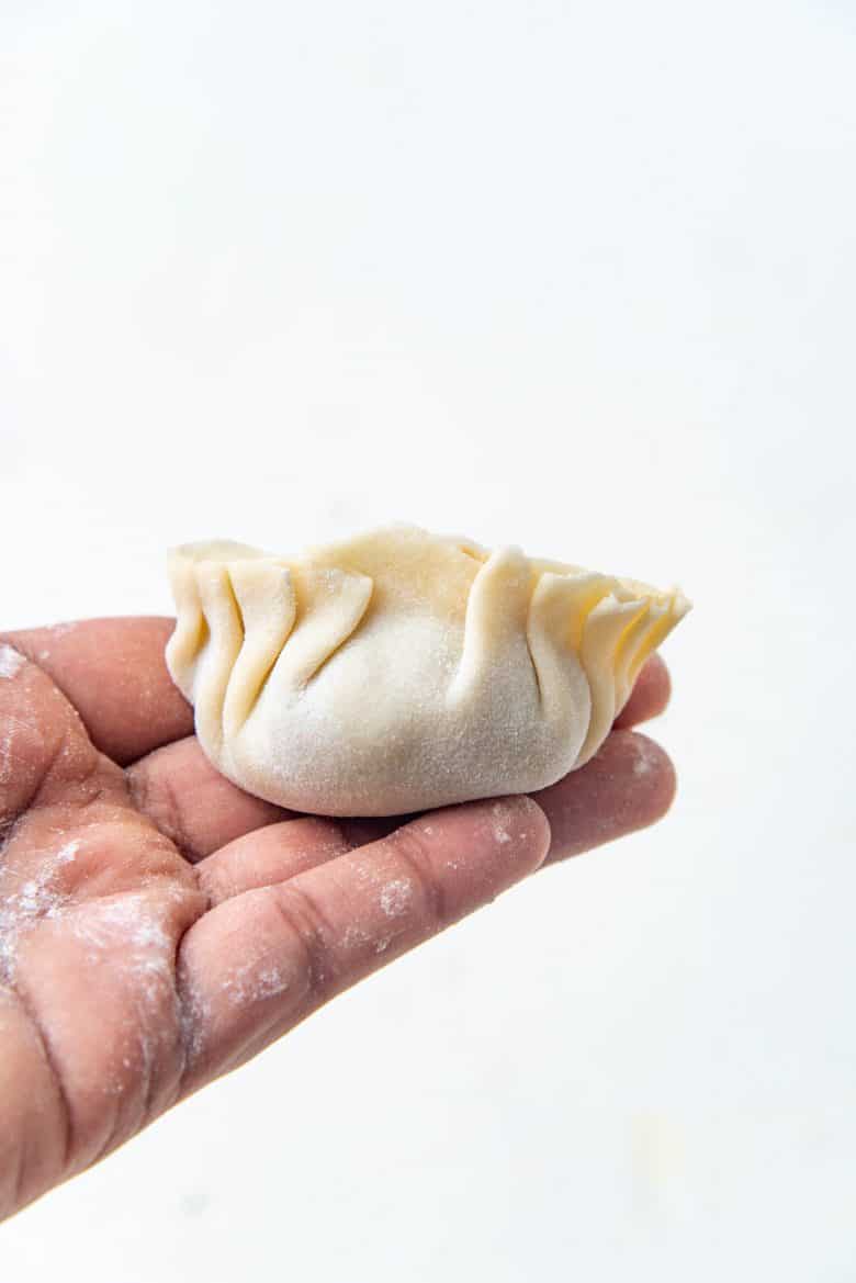 A pleated and sealed dumpling