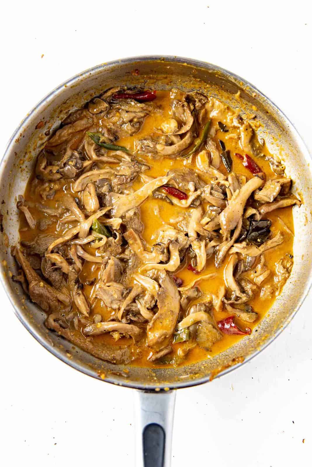 Oyster mushroom curry after adding the coconut milk