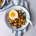 Celery root hash with bacon and swiss chard topped with a fried egg.