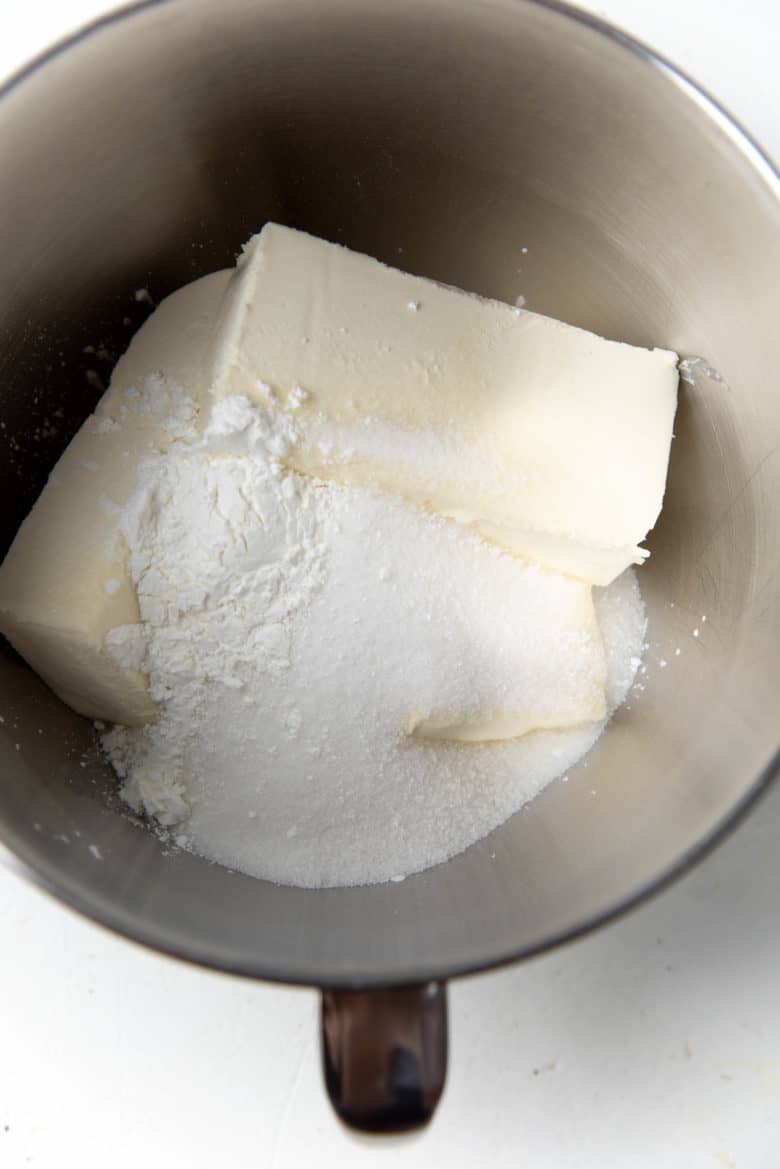 Cream cheese, sugar and cornstarch in mixing bowl