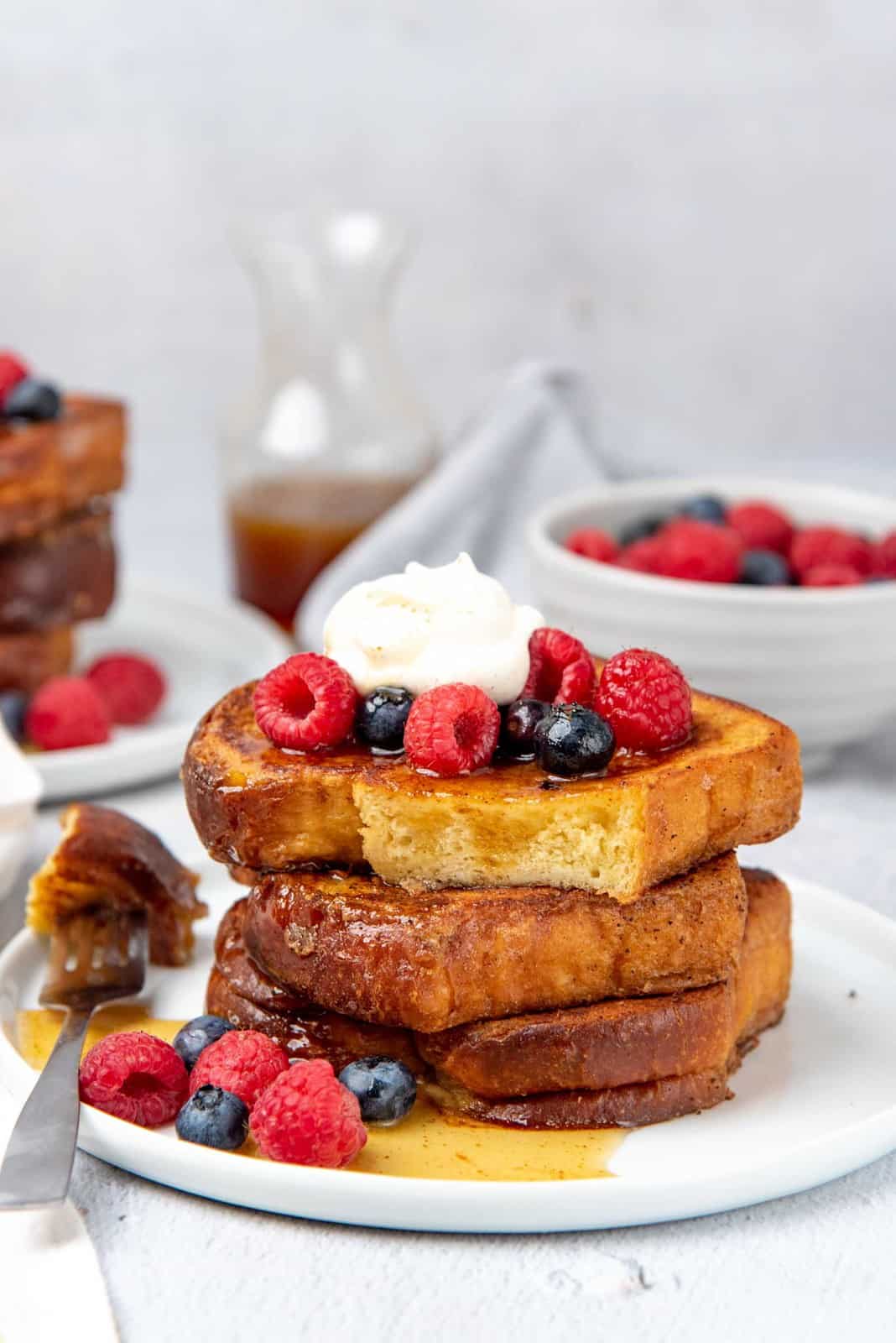 A stack of classic french toast, sliced