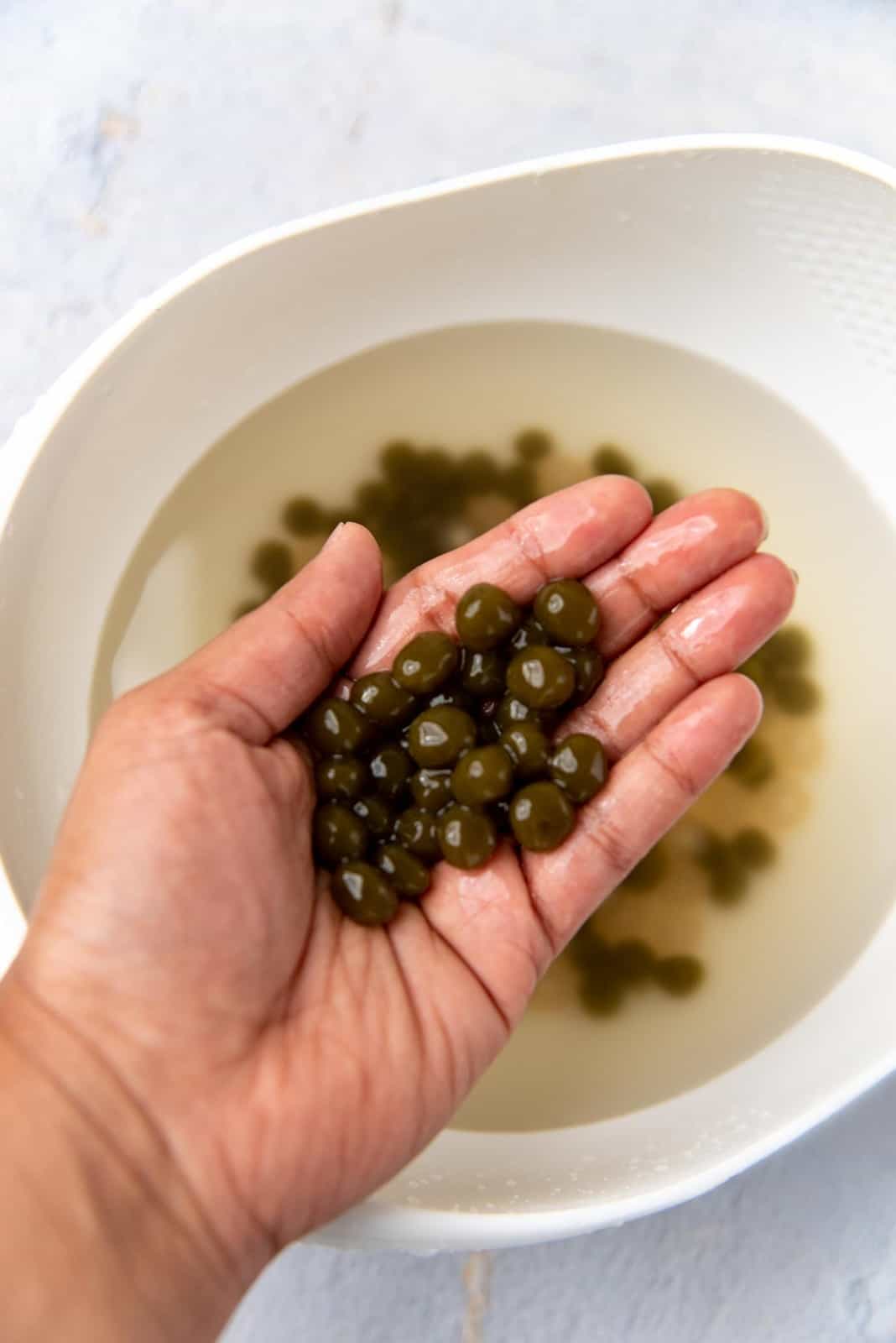 Freshly cooked matcha boba pearls