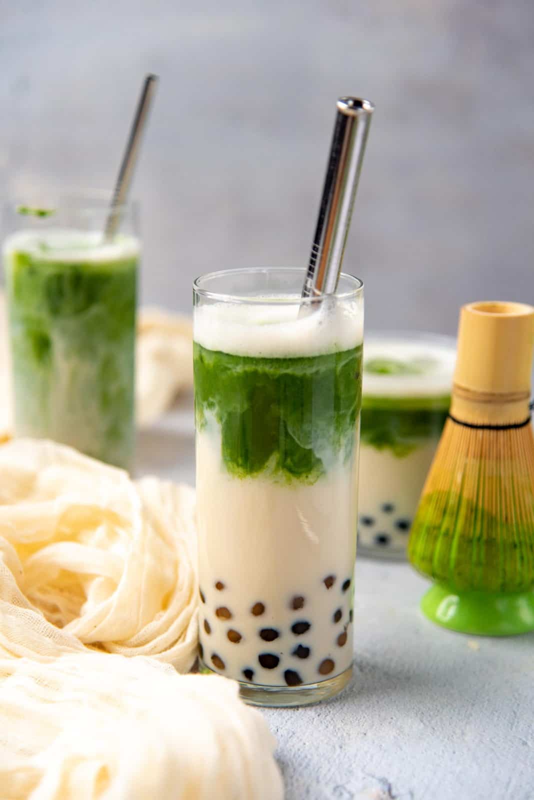 Iced Matcha Latte with boba pearls