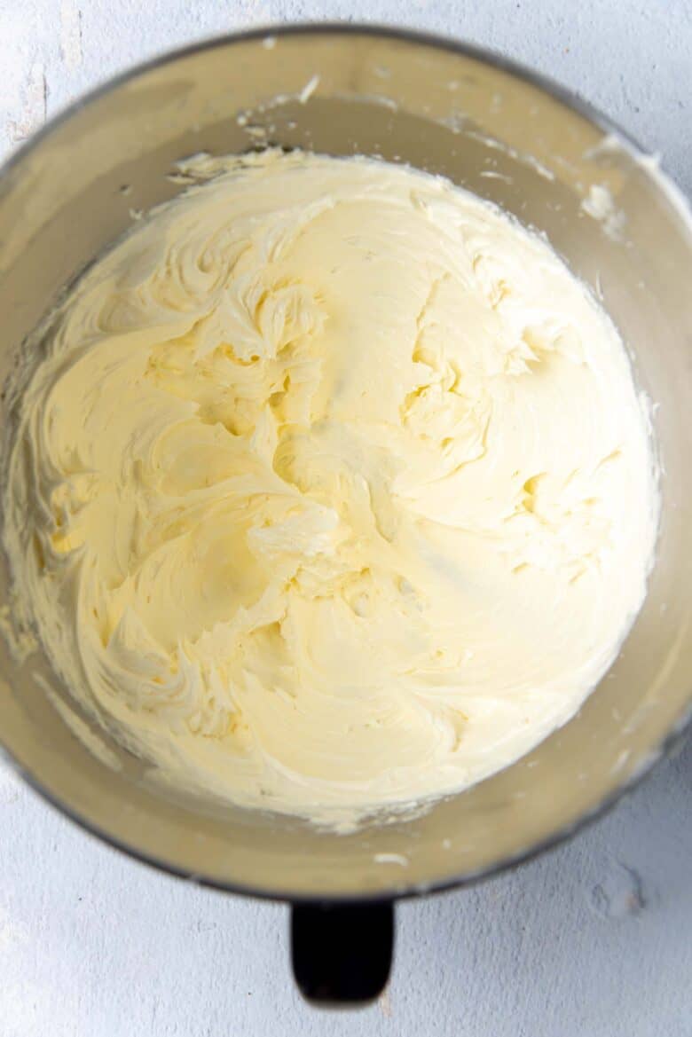 Creamy and fluffy butter in the mixer bowl