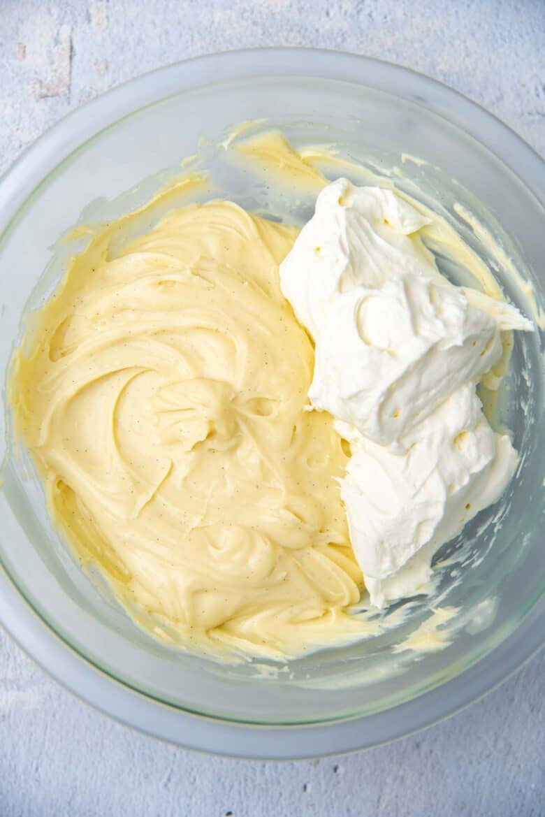 Whisked pastry cream and whipped cream in a large bowl