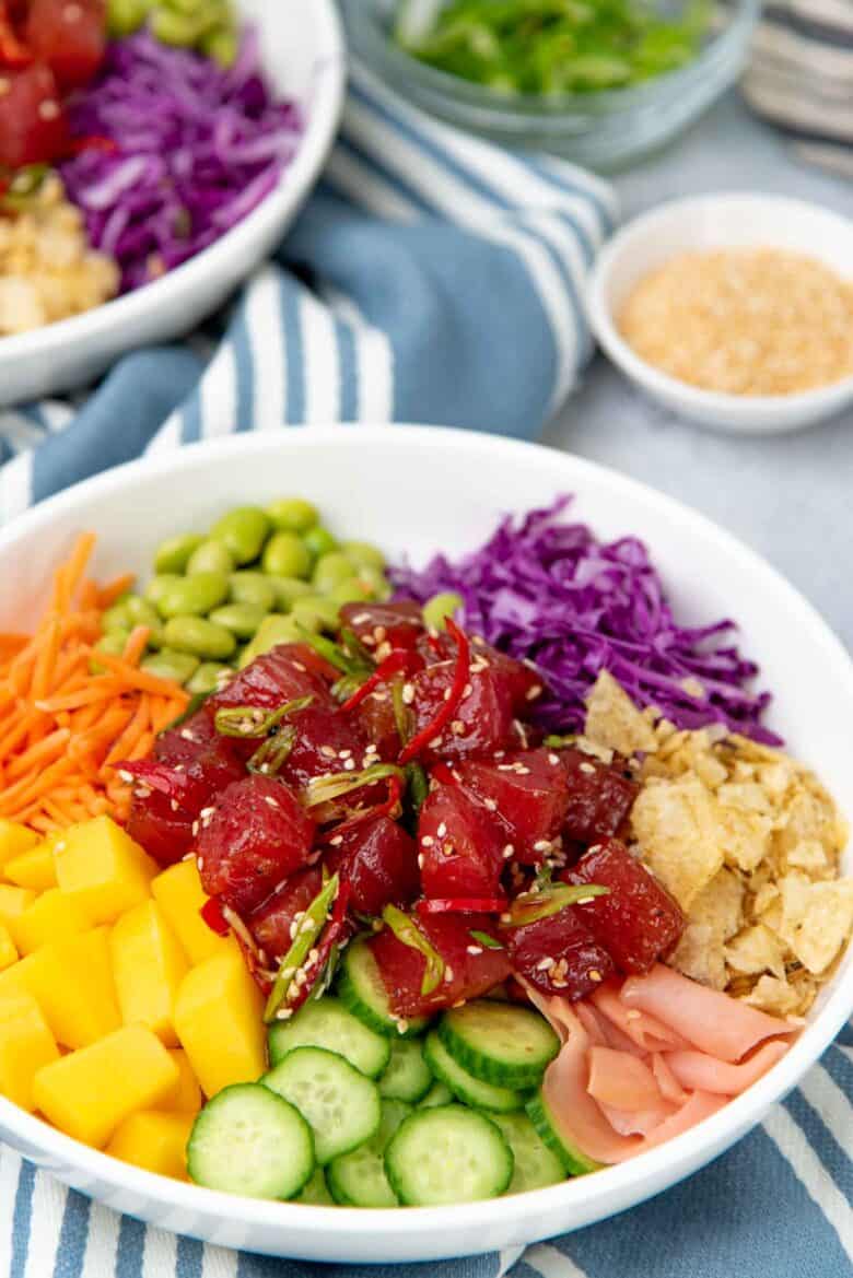 Close up of the tuna poke in the bowl
