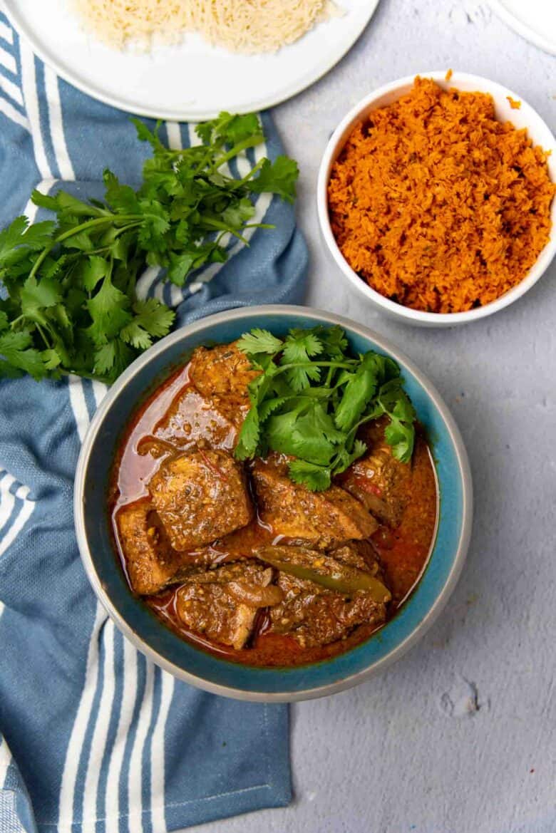 Overhead view of the Sri Lankan fish curry in a bowl