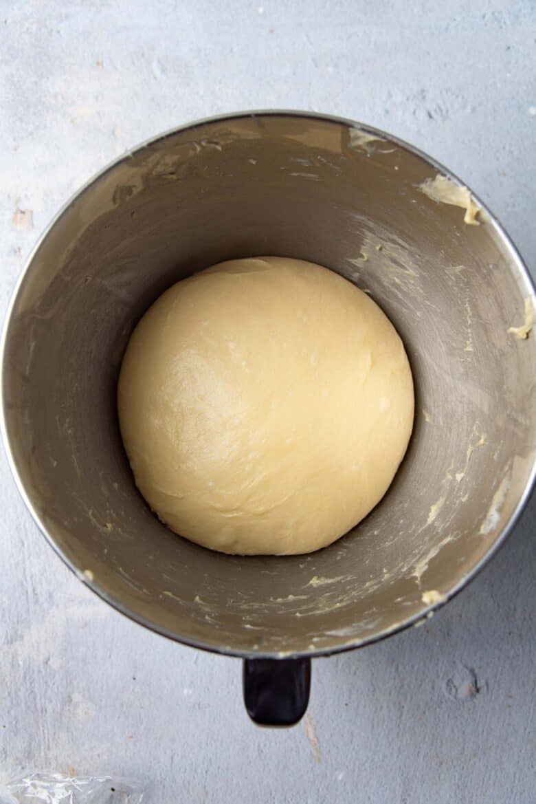 The babka dough in the mixing bowl