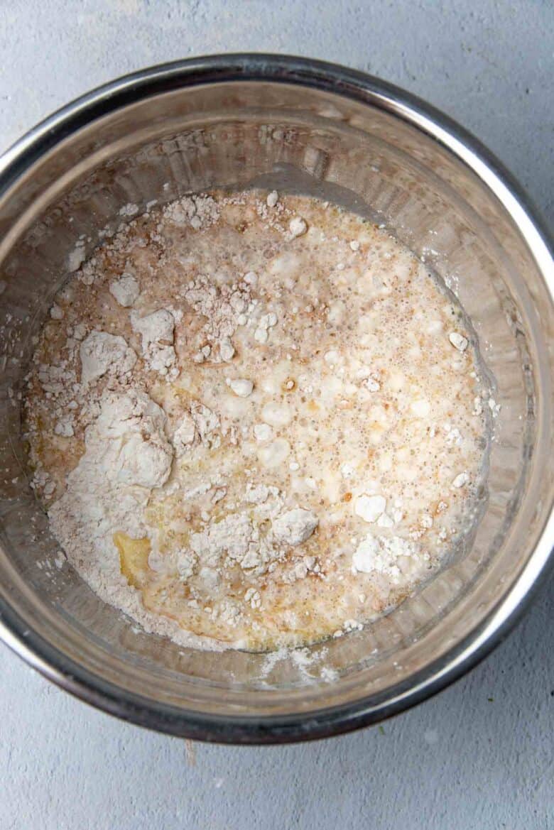 The flour being mixed with the wet ingredients