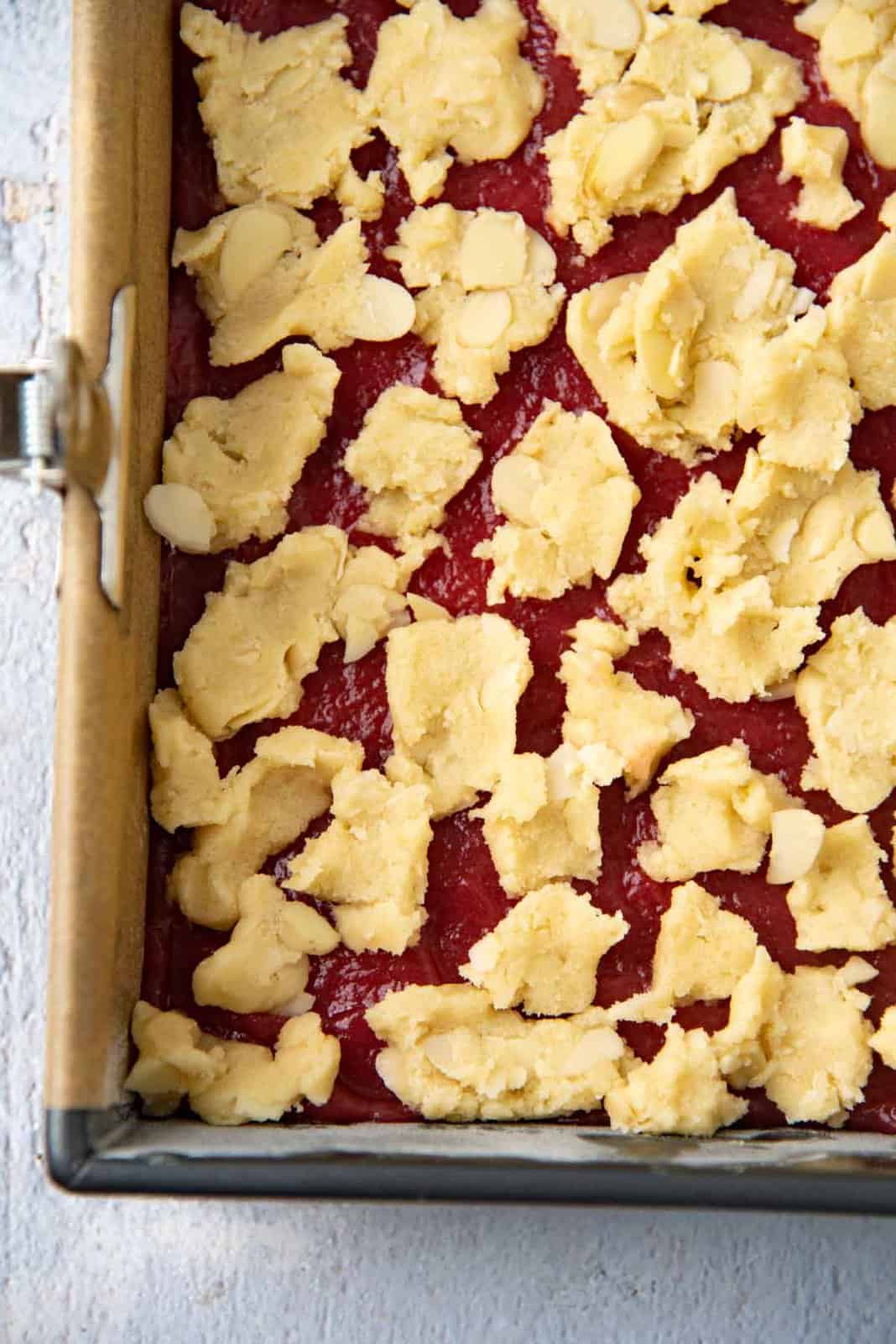 A close up of the shortbread crumble topping.