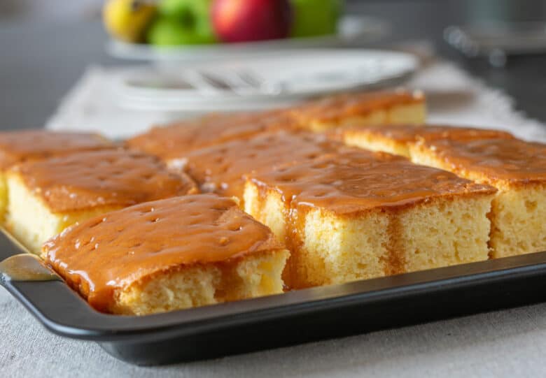 A cake baked in a sheet pan.