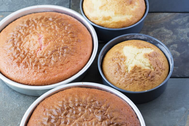 Cakes baked in different sized cake pans.