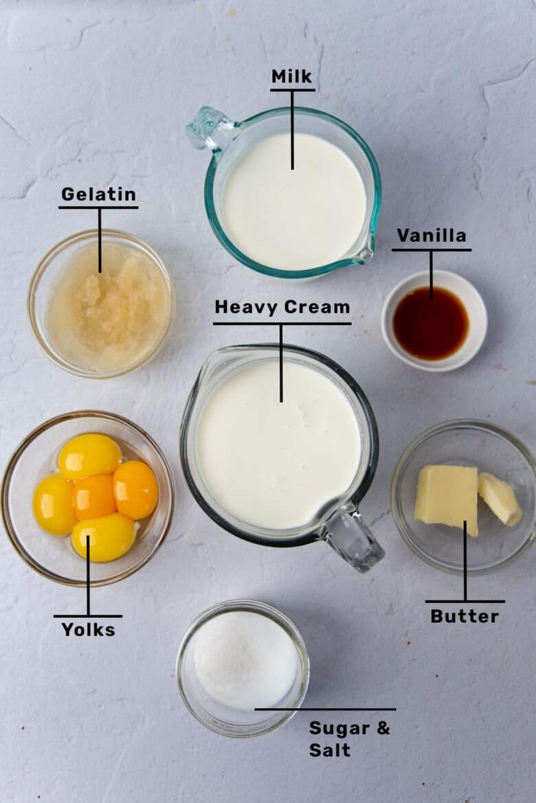 Ingredients needed to make Bavarian Cream.